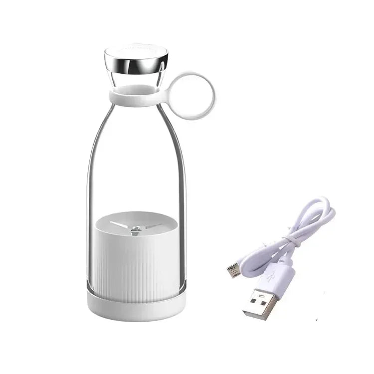 Portable USB rechargeable blender bottle with white lid and charging cable