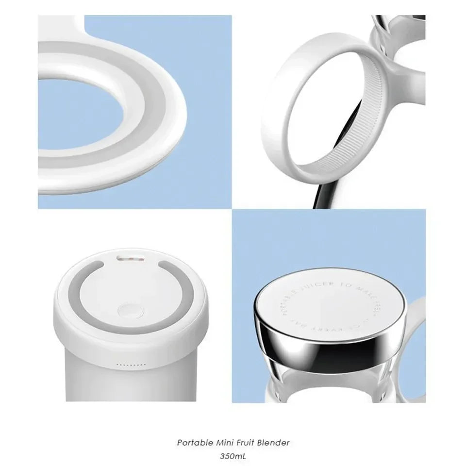 Portable mini fruit blender with white lid, handle and 350mL capacity, modern design.