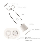 Portable blender bottle parts labeled: cap, silicone handle, PCTG body, 4-blade base, charging dock