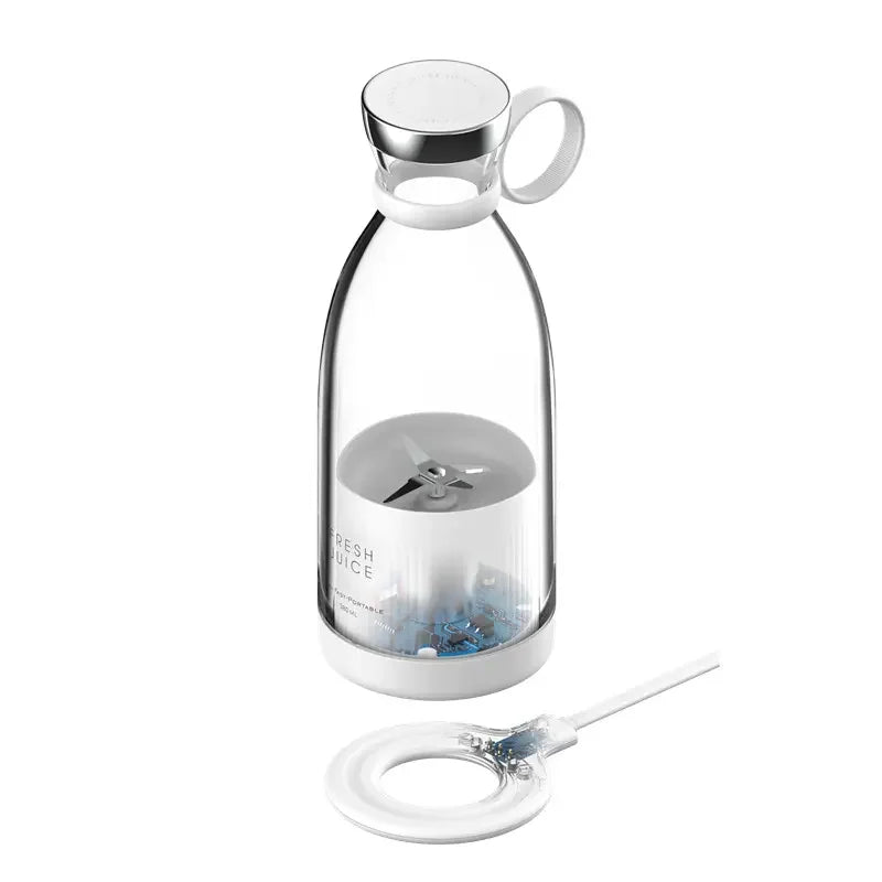 Portable electric juicer blender bottle with USB charging base, sleek transparent design