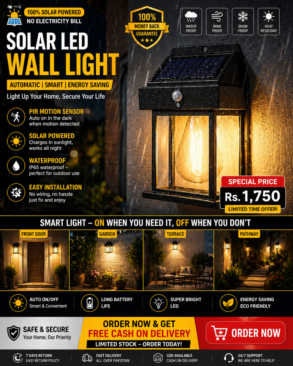 LED Solar Wall Light PIR Motion Sensor Outdoor Garden Yard Security Lamp