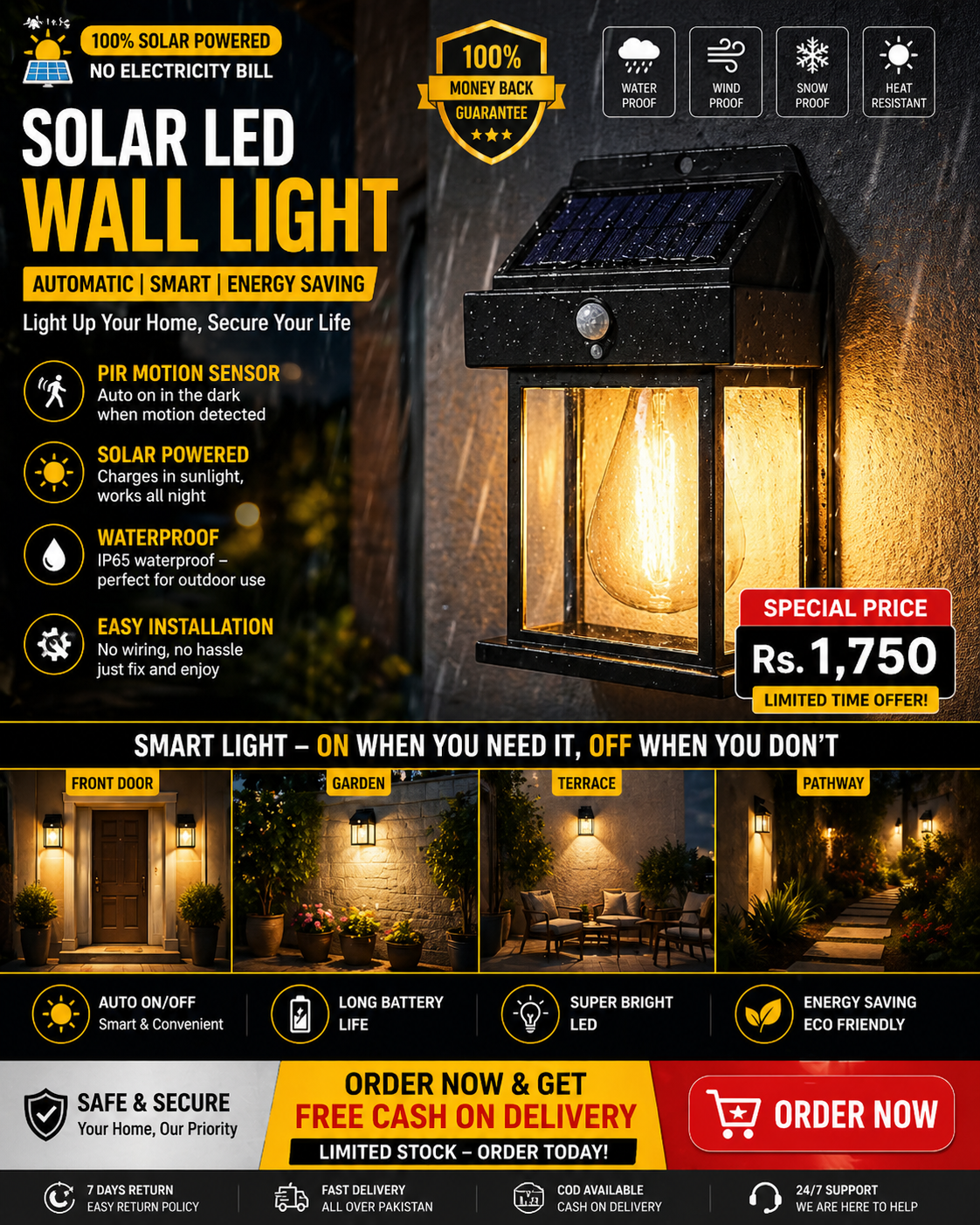 LED Solar Wall Light PIR Motion Sensor Outdoor Garden Yard Security Lamp