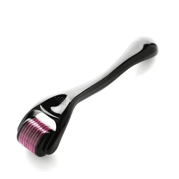 Black handle derma roller with pink microneedle roller for hair and scalp care
