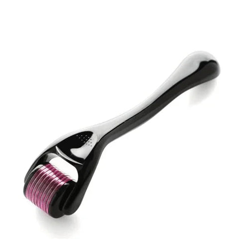 Black handle derma roller with pink microneedle roller for hair and scalp care