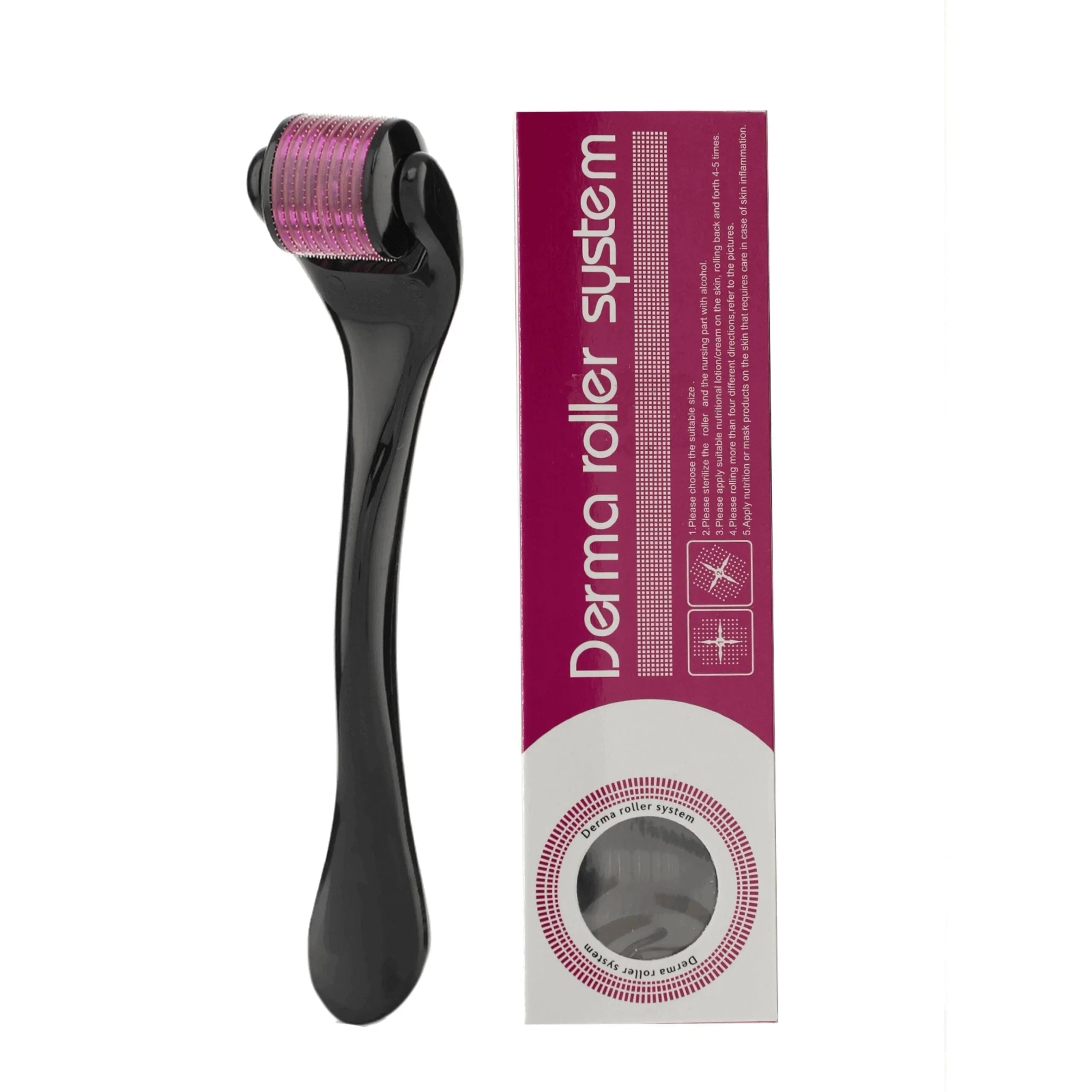 Derma roller system with black handle and pink microneedle head, next to its packaging box
