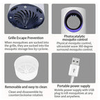 Mosquito trap device with UV light, USB power supply, grills for escape prevention, easy to clean parts.