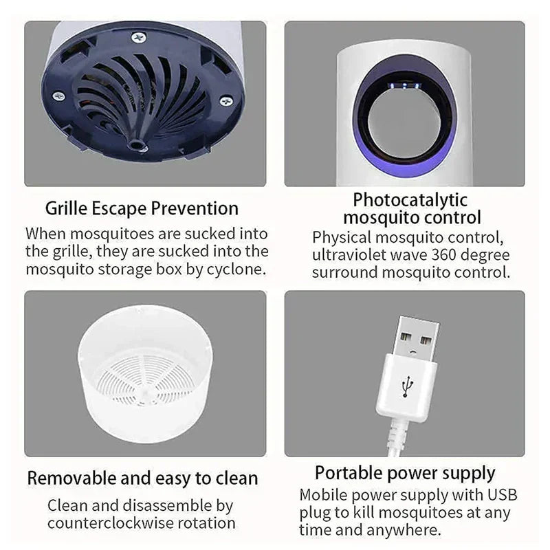 Mosquito trap device with UV light, USB power supply, grills for escape prevention, easy to clean parts.